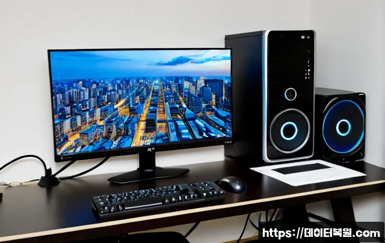 대장동 STATUS_KERNEL_DEVICE_ERROR - Photorealistic IT support workstation in a modern Daejang-dong apartment office, ultrawide monitor s...