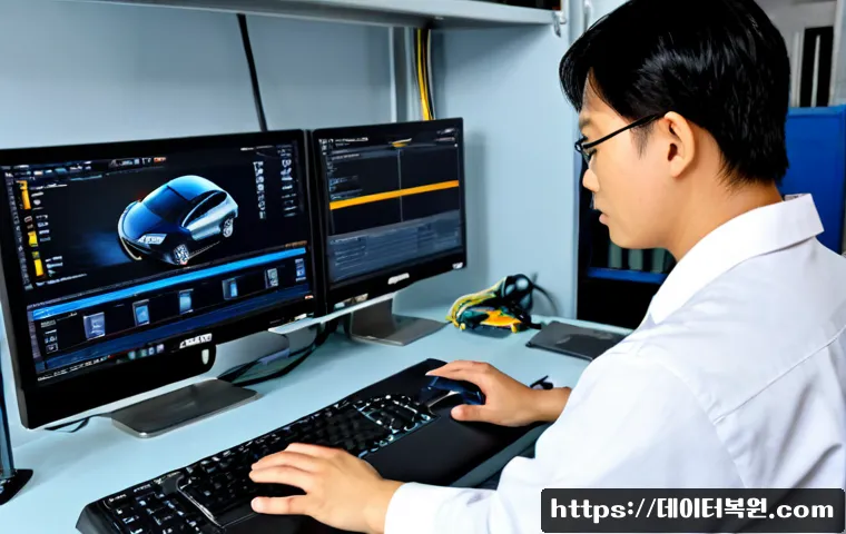 주자동 STATUS_DISK_READ_FAILURE - Photorealistic automotive diagnostics workstation in a clean repair bay, technician reviewing a blan...