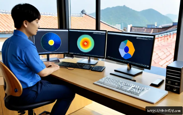 화동 STATUS_DATATYPE_MISALIGNMENT - Photorealistic software support workstation in Hwadong, Seoul, dual monitors showing an abstract CAD...