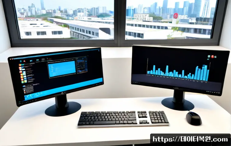 장지동 STATUS_MEMORY_ACCESS_DENIED - Photorealistic remote-support workstation in a modern Jangji-dong office, dual monitors showing a sl...