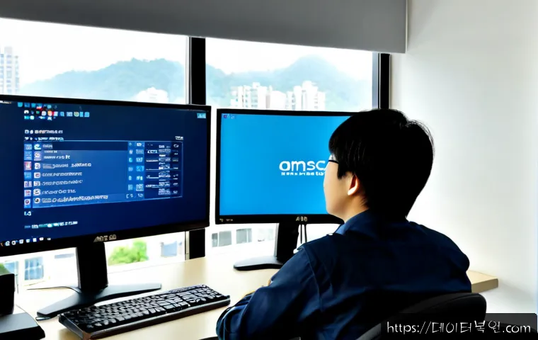 암사동 NDIS_INTERNAL_ERROR - Photorealistic IT support workstation in a quiet Amsa-dong apartment office, dual monitors showing a...