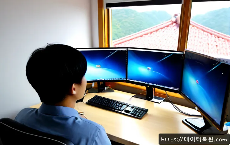 체부동 STATUS_KERNEL_MODULE_FAILURE - Photorealistic IT support workstation in a compact Chebu-dong studio office, dual monitors showing a...