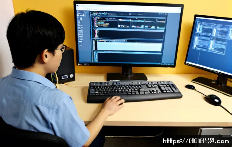 후암동 SOFTWARE_EXCEPTION - Photorealistic remote-support workstation in a compact hillside apartment office, dual monitors show...