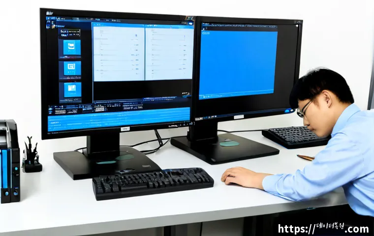 공항동 STATUS_KERNEL_STACK_CORRUPTION - Photorealistic IT support workstation in a compact office near an airport district, dual monitors sh...