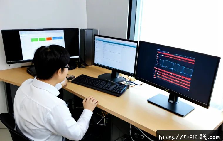 신공덕동 STATUS_NETWORK_ACCESS_DENIED - Photorealistic IT support workstation in a compact modern office near Gongdeok, Seoul, dual monitors...