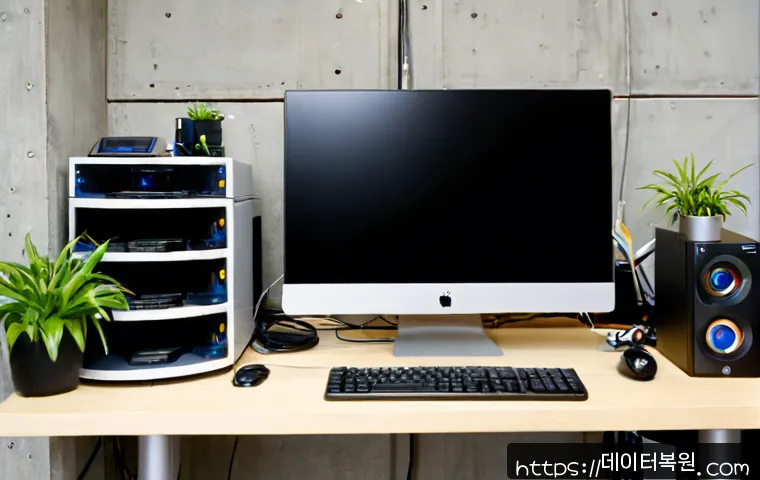 상수동 STATUS_DISK_READ_FAILURE - Photorealistic computer repair workstation in a compact Sangsu-dong studio, desktop tower opened bes...
