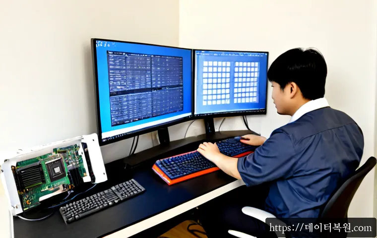 서초동 그래픽카드조립 및 교체수리 - Photorealistic PC repair workstation in a modern Seocho-dong office suite, technician carefully inst...