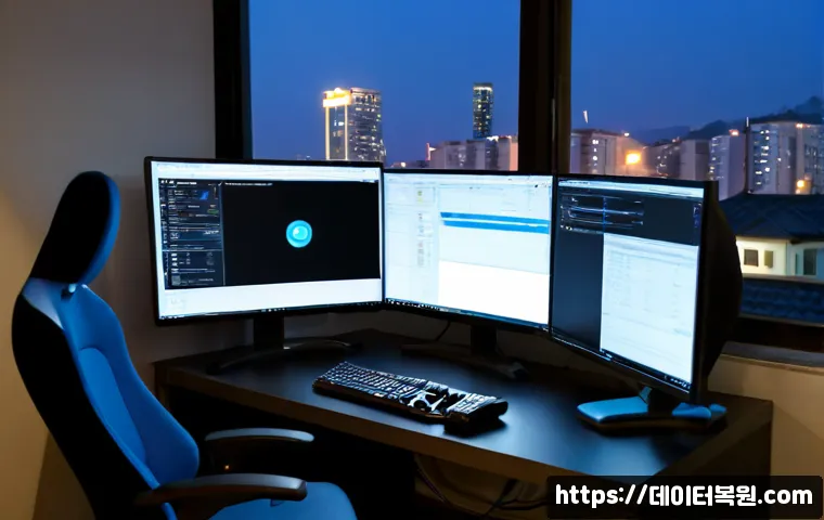 신당5동 CRITICAL_OBJECT_TERMINATION - Photorealistic remote-support workstation in a compact Sindang residential office, dual monitors dis...