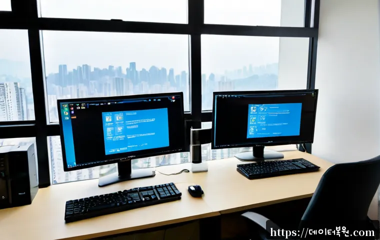 동산동 STATUS_PROTECTION_ERROR - Photorealistic remote IT support workstation in a quiet Dong-san-dong apartment office, dual monitor...