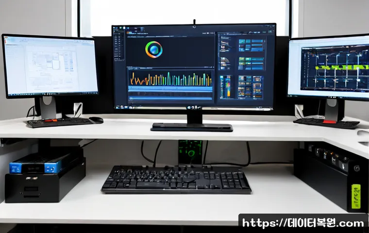 쌍림동 STATUS_KERNEL_DEVICE_ERROR - Photorealistic IT support workstation in a compact Ssangnim-dong design office, dual monitors showin...