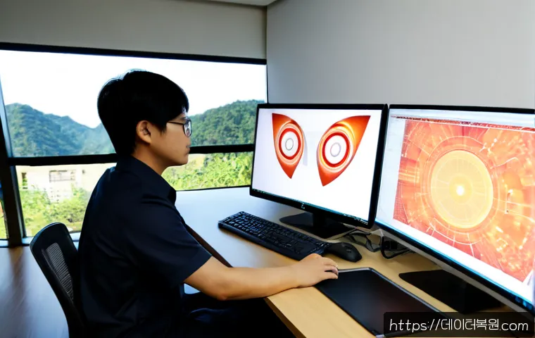 우면동 WATCHDOG_VIOLATION - Photorealistic IT support workstation in a modern Umyeon-dong office near wooded hills, dual monitor...