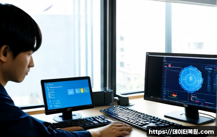 연건동 IRQL_NOT_LESS_OR_EQUAL - Photorealistic remote IT support workstation in a compact university-district office, dual monitors ...