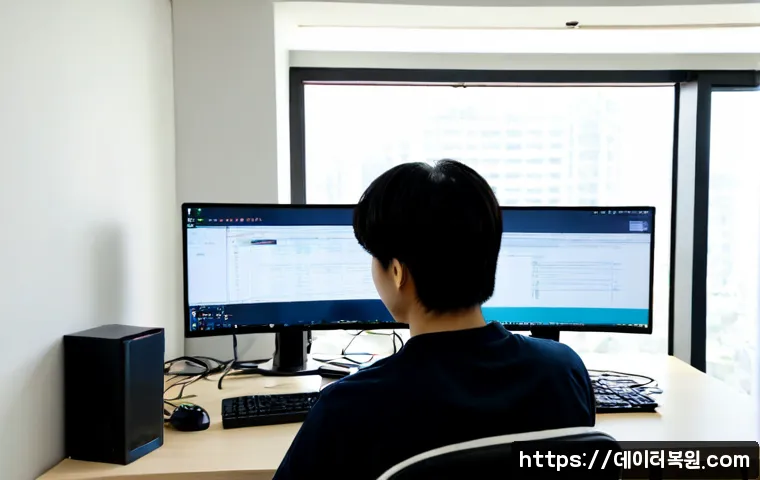 오류동 SESSION5_INITIALIZATION_FAILED - Photorealistic IT support workstation in a compact Oryu-dong office, dual monitors showing abstract ...