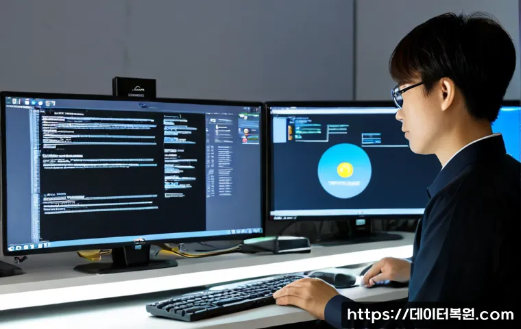교북동 STATUS_UNSUCCESSFUL - Photorealistic IT support workstation in a compact Korean district office, dual monitors showing a c...