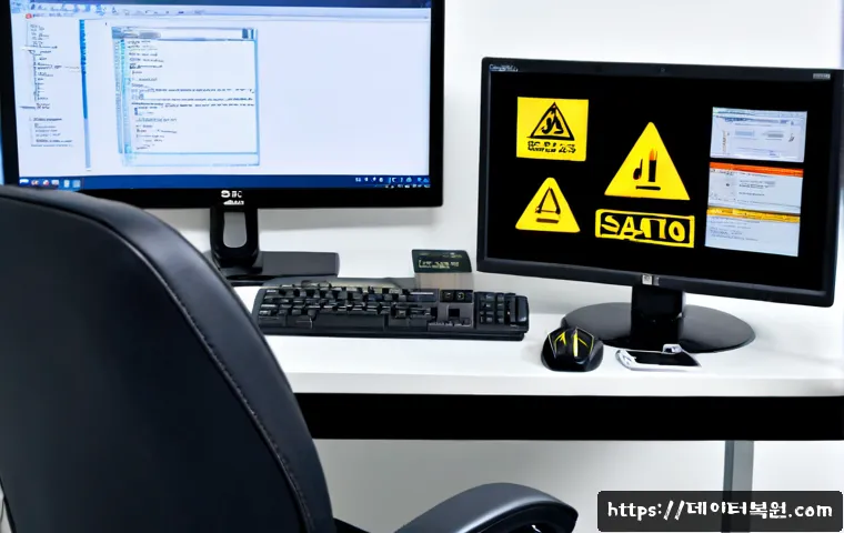 별양동 a disk read error occurred - Photorealistic IT support workstation in a compact Gwacheon office, dual monitors showing a minimali...