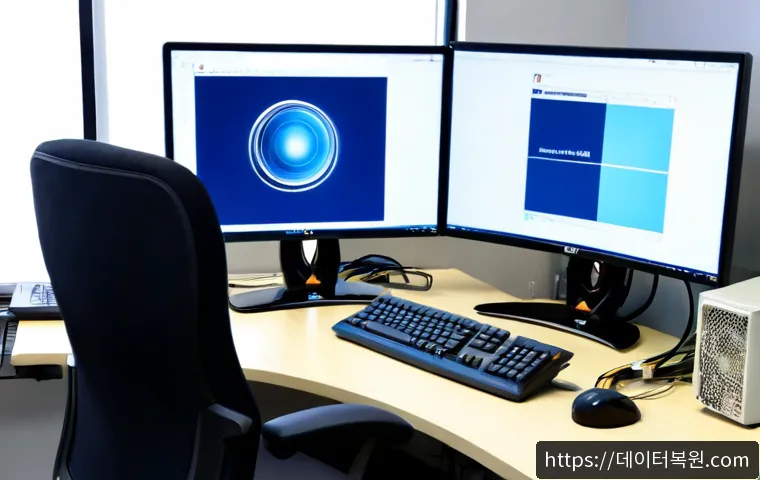 회덕동 CLOCK_WATCHDOG_TIMEOUT - Photorealistic PC repair workstation in a compact Hoedeok-dong office, dual monitors frozen on a bla...