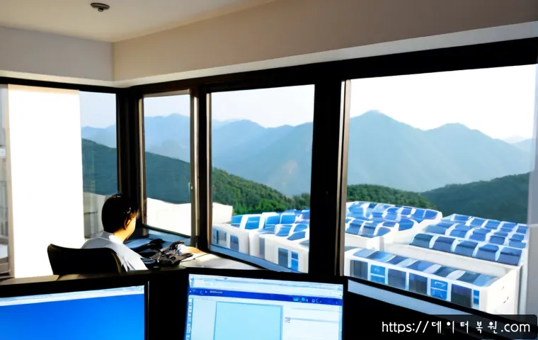 도봉구 STATUS_KERNEL_DRIVER_CORRUPTION - Photorealistic IT support workstation in Dobong-gu, Seoul, dual monitors showing a blank cobalt syst...
