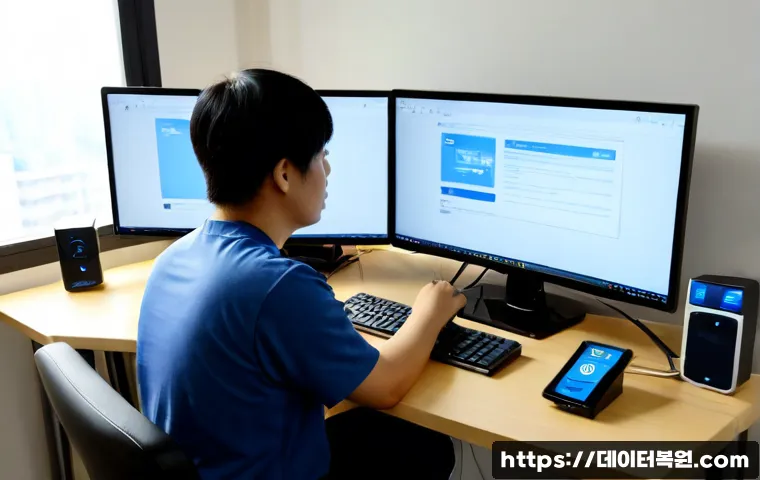거여동 centos재설치 포맷 초기화 - Photorealistic remote IT support workstation in a Geoyeo-dong apartment office, dual monitors showin...