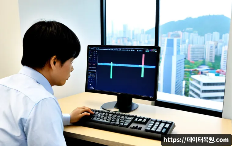 양천구 STATUS_INVALID_CALLER - Photorealistic IT support workstation in a Yangcheon-gu office tower, dual monitors showing a blank ...