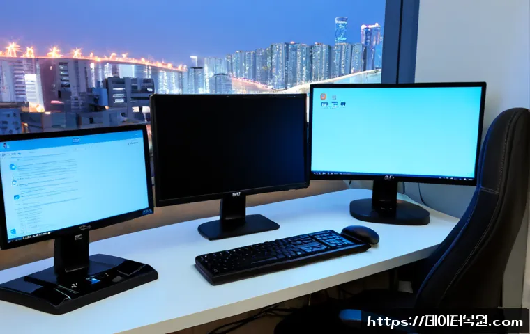 온수동 절전모드 - Photorealistic IT support workstation in a compact Onsu-dong apartment office at dusk, dual monitors...