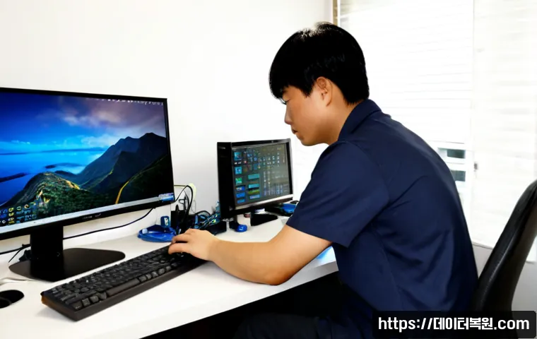 주자동 컴퓨터 desktop 출장방문수리점 - Photorealistic on-site desktop computer repair in a compact Jujadong apartment home office, technici...