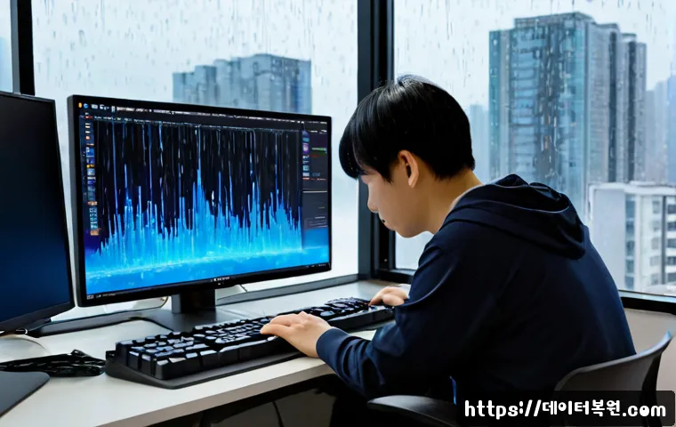 영등포동 STATUS_KERNEL_EXECUTION_ERROR - Photorealistic IT support workstation in a modern Yeongdeungpo office, dual monitors showing a froze...
