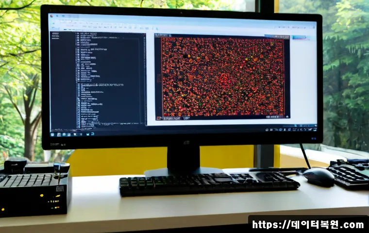 효창동 STATUS_STACK_BUFFER_OVERRUN - Photorealistic IT support workstation in a compact Seoul office near a leafy neighborhood park, dual...