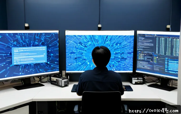 명동 STATUS_KERNEL_EXECUTION_ERROR - Photorealistic IT support workstation in a compact Myeongdong office, dual monitors showing a blank ...