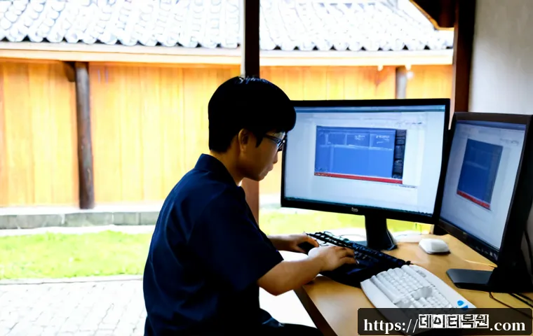 관훈동 STATUS_INVALID_THREAD - Photorealistic IT support workstation in a quiet Gwanhun-dong office, dual monitors showing abstract...