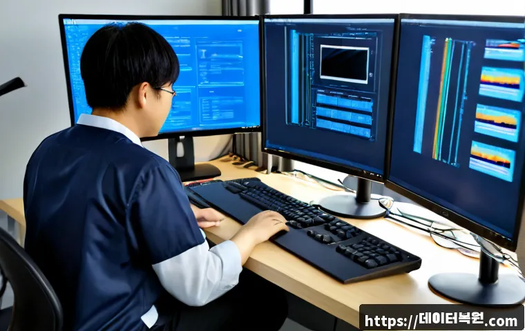 사근동 NTFS_FILE_SYSTEM - Photorealistic IT support workstation in a compact Seongsu-area office, dual monitors showing a text...
