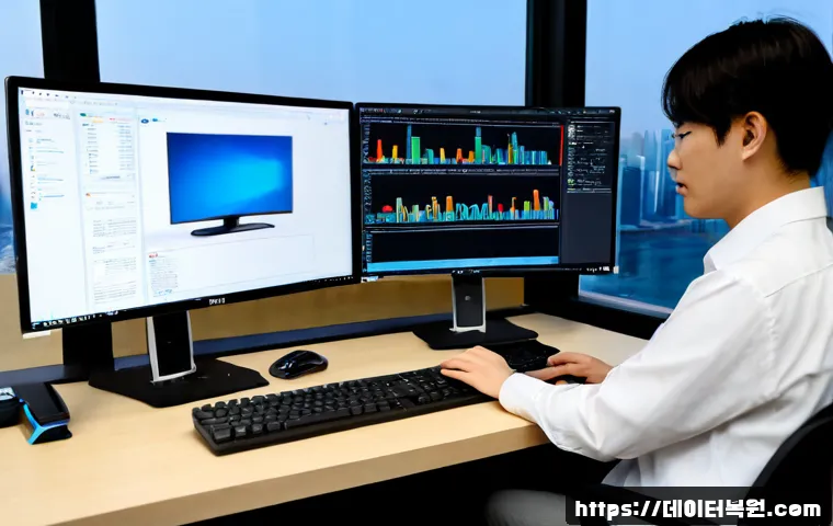 여의도 SYSTEM_LICENSE_VIOLATION - Photorealistic premium workstation in a Yeouido high-rise office, dual monitors showing a clean unbr...