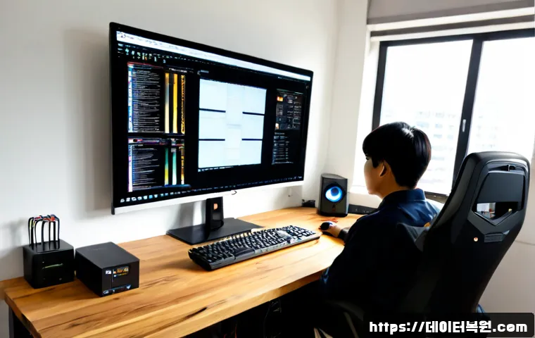 상수동 컴퓨터업그레이드 - Photorealistic computer upgrade workstation in a compact Sangsudong apartment studio, technician ins...