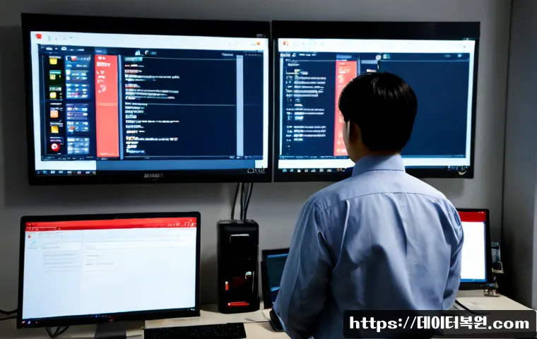 원흥동 STATUS_KERNEL_MODULE_ACCESS_DENIED - Photorealistic IT support workstation in Wonheung-dong, Korean office tower view softly blurred beyo...