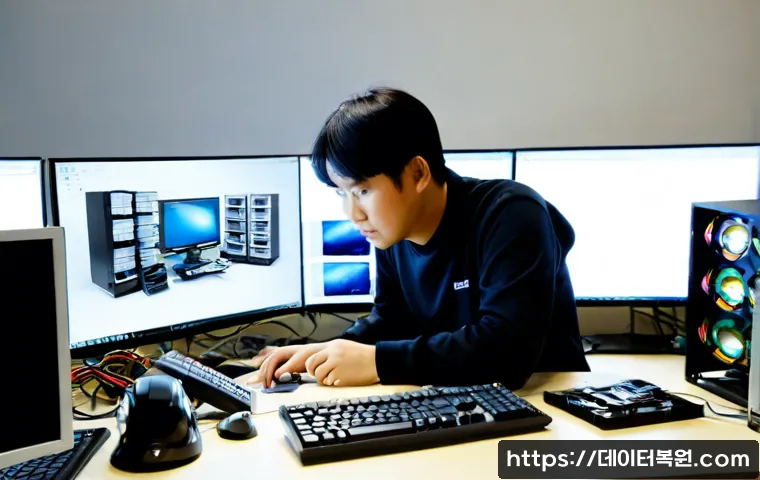 예관동 컴퓨터업그레이드 - Photorealistic electronics workshop in a compact Yegwan-dong office building, technician upgrading a...
