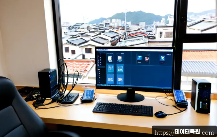 화동 BUGCODE_USB_DRIVER - Photorealistic IT support workstation in Hwado, South Korea, desktop tower opened beside a neatly ar...