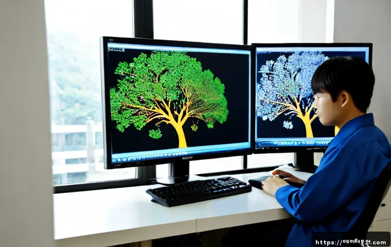 지영동 CDFS_FILE_SYSTEM - Photorealistic IT recovery workstation in a compact Jiyoung-dong office, technician studying a large...