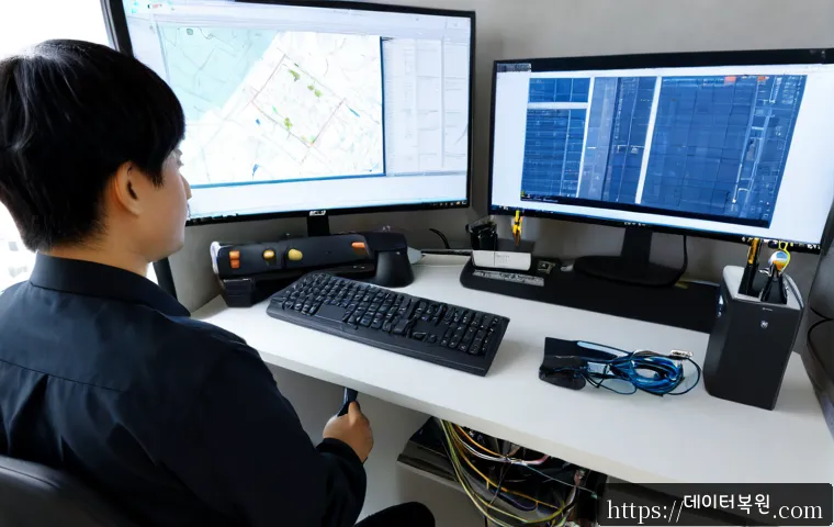 노고산동 BUGCODE_USB_DRIVER - Photorealistic IT support workstation in a compact Nogosan-dong office, technician reconnecting a US...