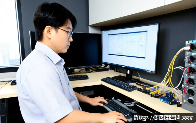 구의동 PAGE_TABLE_CORRUPT - Photorealistic IT support workstation in a compact Gwangjin-gu office, desktop tower opened beside a...