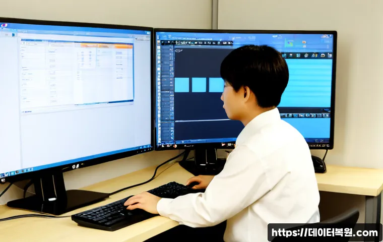 주교동 STATUS_FILE_IN_USE - Photorealistic remote-support workstation in a compact Jukgyo-dong office, frustrated technician vie...