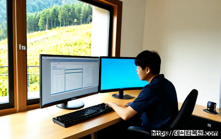 홍은동 SYSTEM_LICENSE_VIOLATION - Photorealistic IT support workstation in a compact hillside apartment office, dual monitors showing ...