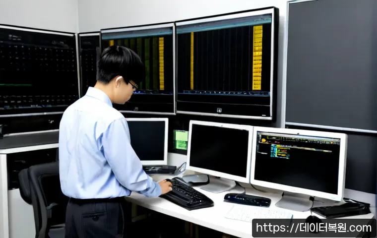 묵정동 STATUS_FLOAT_DIVIDE_BY_ZERO - Photorealistic IT support workstation in a compact central Seoul office, dual monitors showing a bla...