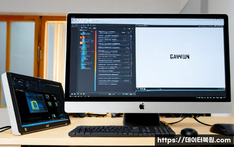관훈동 INACCESSIBLE_BOOT_DEVICE - Photorealistic IT support workstation inside a quiet Gwanhun-dong design studio, dual monitors showi...