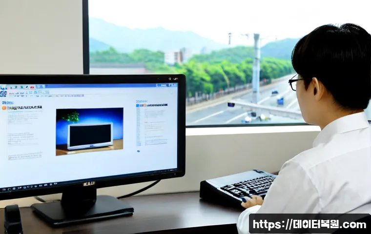 세종로 STATUS_INVALID_IMAGE_FORMAT - Photorealistic remote-support workstation in a modern Sejong-ro office, IT specialist examining a de...