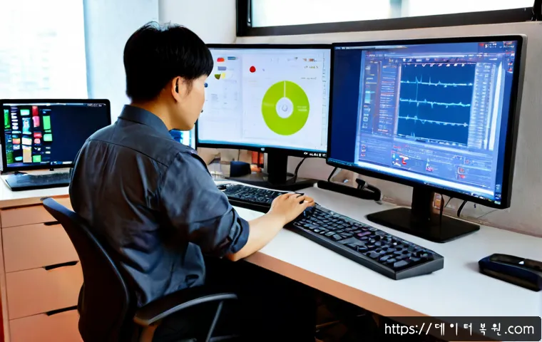 당인동 STATUS_KERNEL_DISK_ERROR - Photorealistic remote-support workstation in a compact Dangin-dong studio office, dual monitors show...