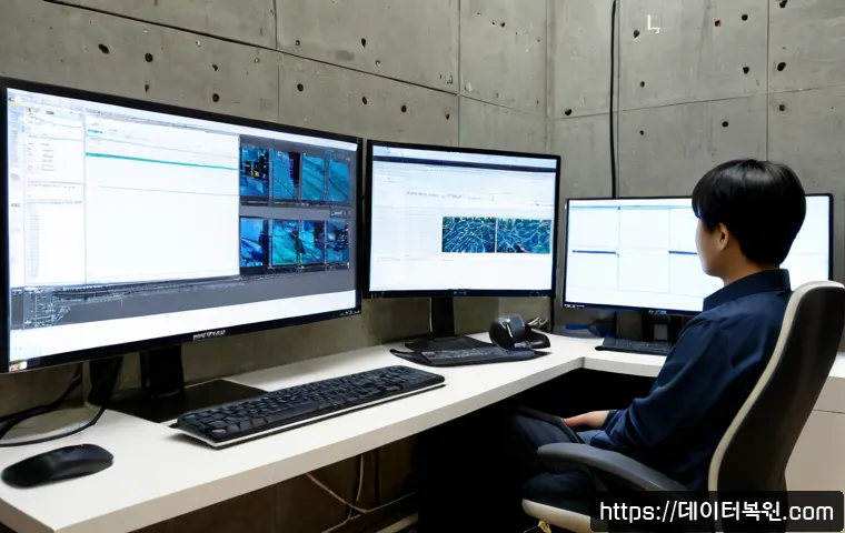 논현동 POOL_CORRUPTION_IN_FILE_AREA - Photorealistic IT support workstation in a compact Nonhyeon-dong design studio, dual monitors showin...