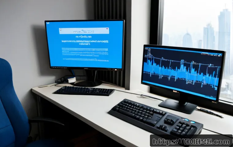 고척동 STATUS_KERNEL_INIT_FAILURE - Photorealistic IT support workstation in a compact Seoul apartment office, dual monitors showing a b...