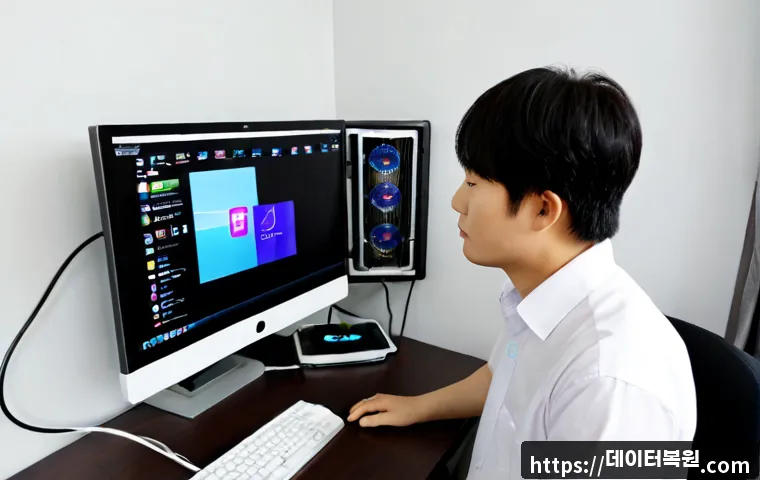 수색동 팬돌다 멈춤 - Photorealistic IT support workstation in a compact Susaek-dong apartment office, desktop tower opene...