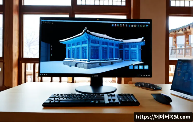 통의동 KERNEL_MODE_HEAP_CORRUPTION - Photorealistic architectural visualization workstation in a quiet Tongui-dong studio, dual monitors ...