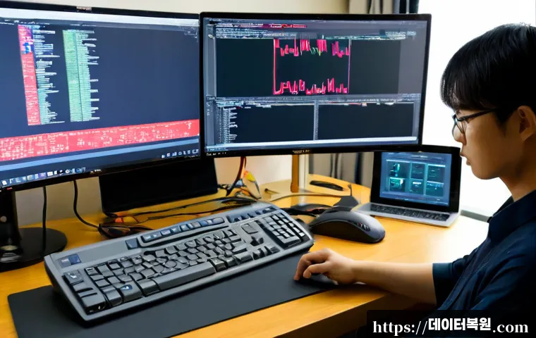 필동 STATUS_KERNEL_MODULE_CORRUPTION - Photorealistic IT support workstation in a compact Pil-dong office, dual monitors showing abstract c...