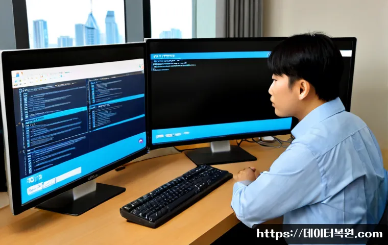 상계동 ACPI_BIOS_ERROR - Photorealistic IT support workstation in a high-rise apartment office, dual monitors showing a blank...
